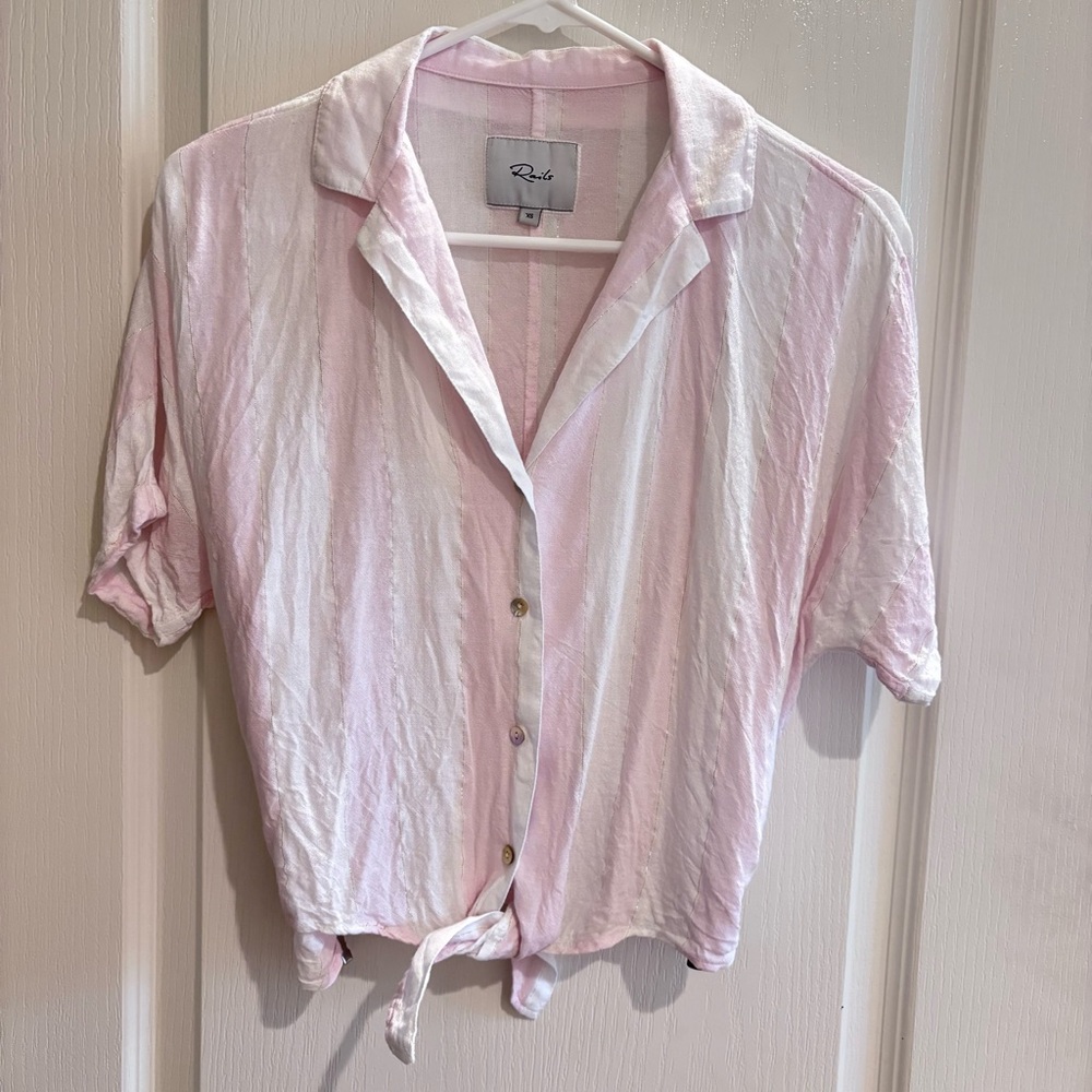Rails XS Pink Striped Linen Short Sleeve Shirt w/ Gold Thread  Cute Vacation
